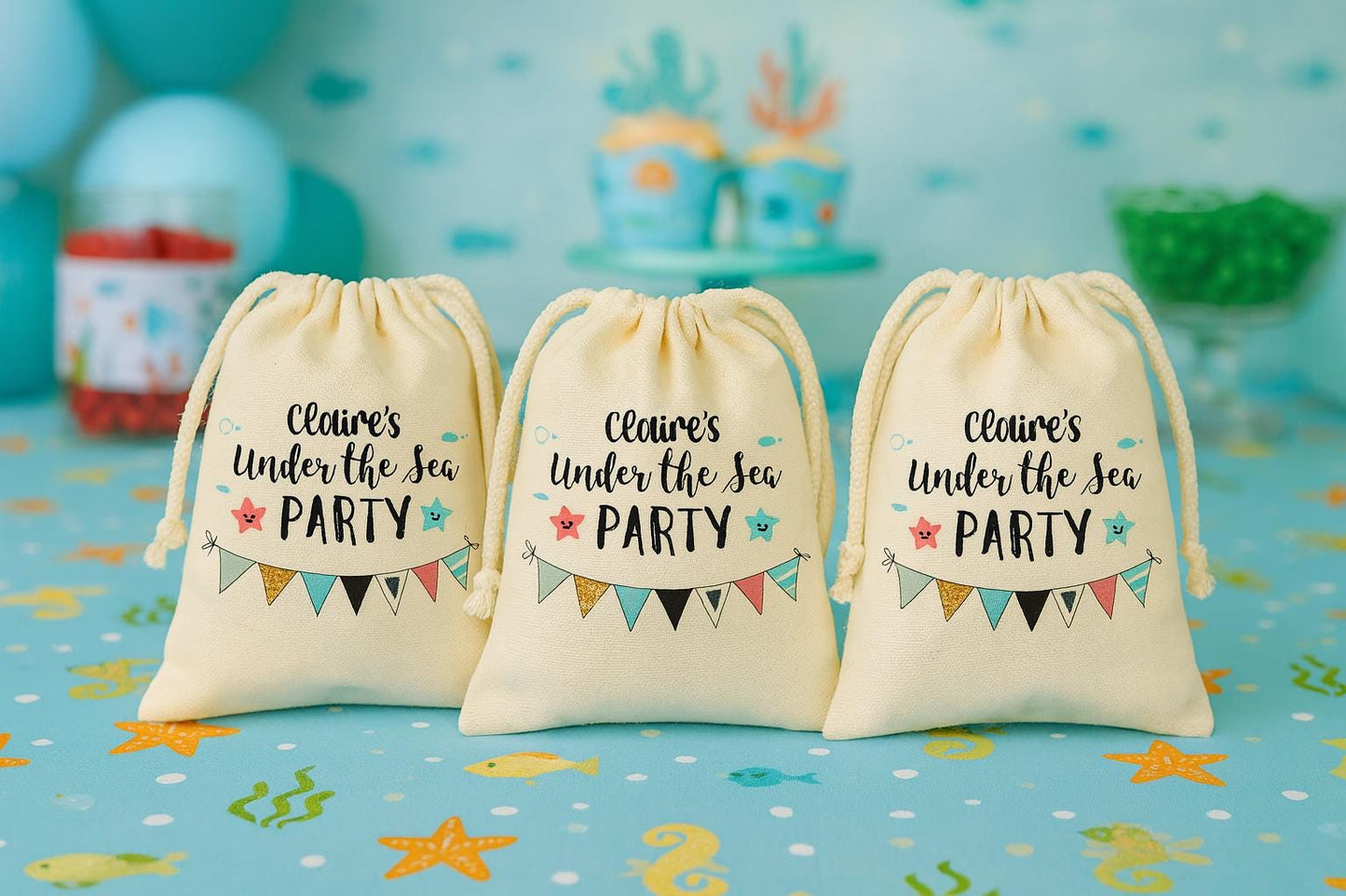 Personalized Under The Sea Party Favor Bags - Canvas Drawstring Goodie Bags