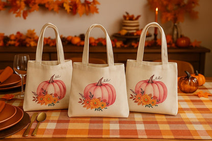 Pink Pumpkin Favor Bags - Set of 3, Autumn Cotton Tote