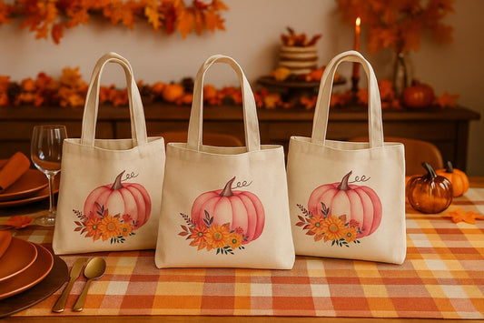 Pink Pumpkin Favor Bags - Set of 3, Autumn Cotton Tote