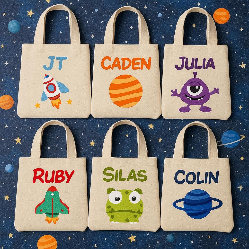 Personalized Space Party Favor Bags – Set of 6, Custom Name