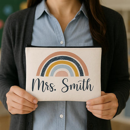 Personalized Rainbow Teacher Pouch – 8x5 Canvas Zipper Bag