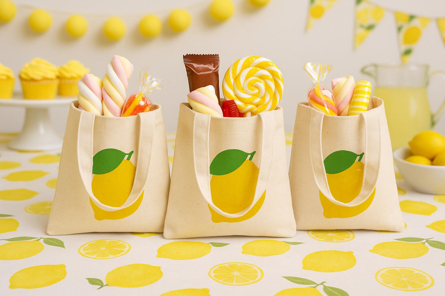 Lemon Party Favor Bags - Perfect for Lemon Themed Parties and Events! - Set of 3 - Cotton Party Bags with Handles - Cute Lemon Goodie Bags