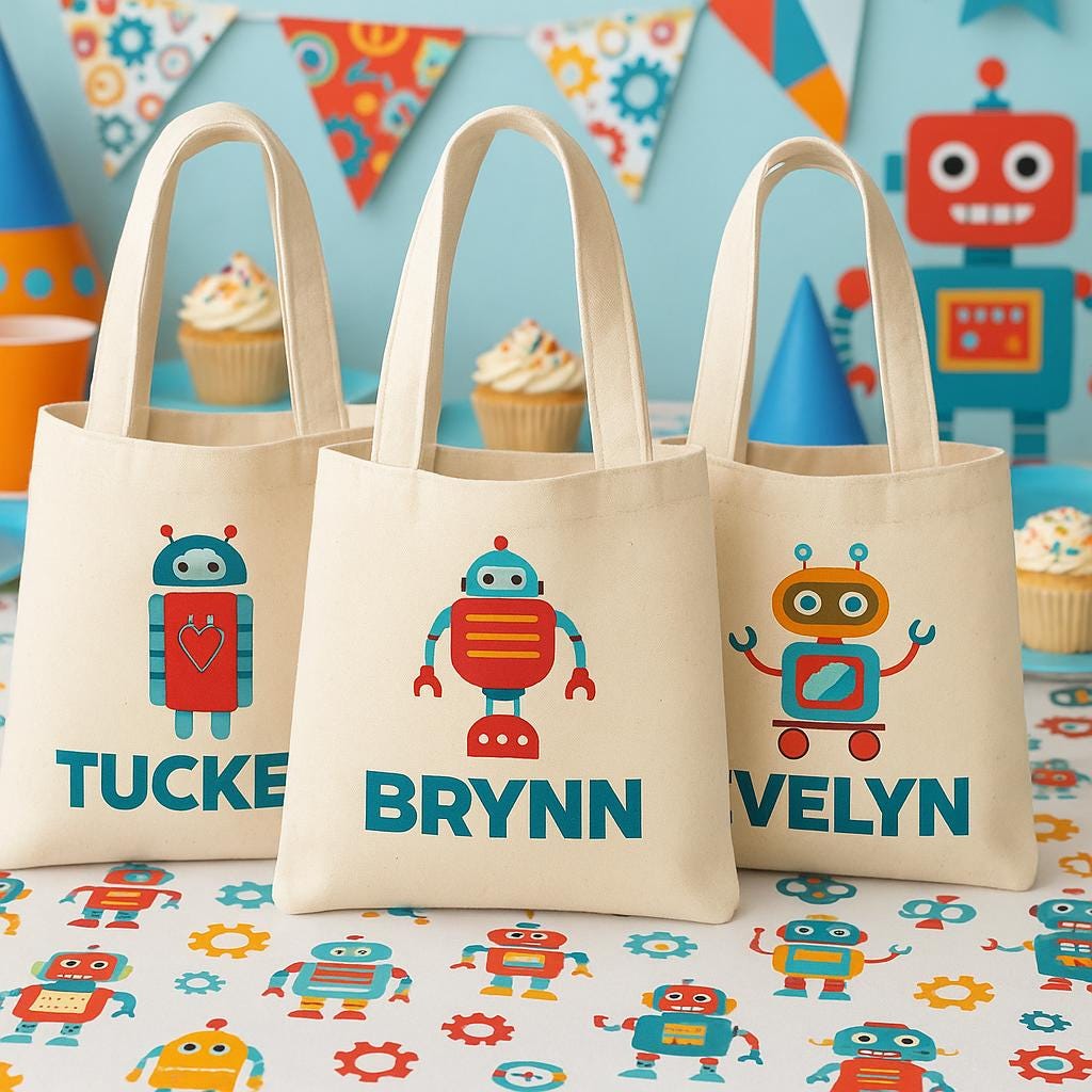 Personalized Robot Party Favor Bags – Sci-Fi Birthday, Cotton Gift