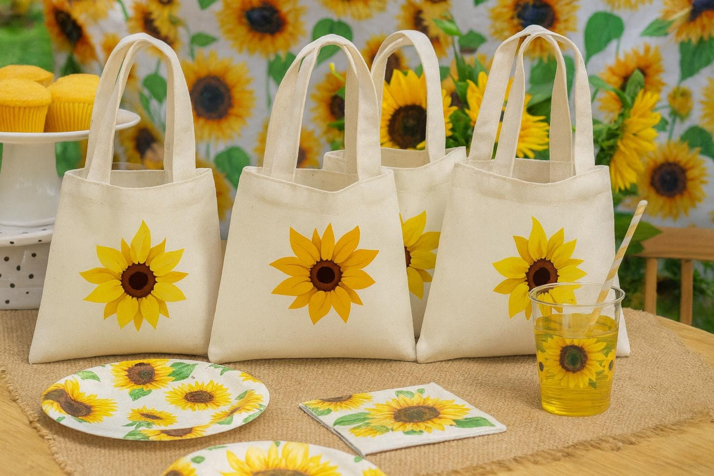 Sunflower Party Favor Bags - Perfect for Sunflower Themed Parties - Set of 3 - Cotton Party Bags with Handles