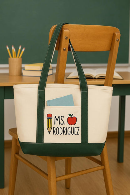 Personalized Teacher Canvas Tote Bag, Heavy-Duty with Pockets
