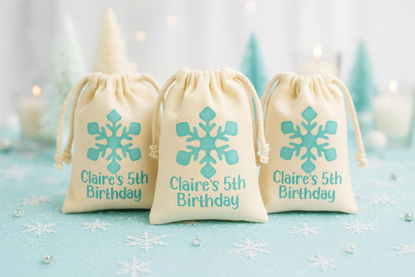 Personalized Snowflake Cotton Favor Bags, Winter Birthday Party
