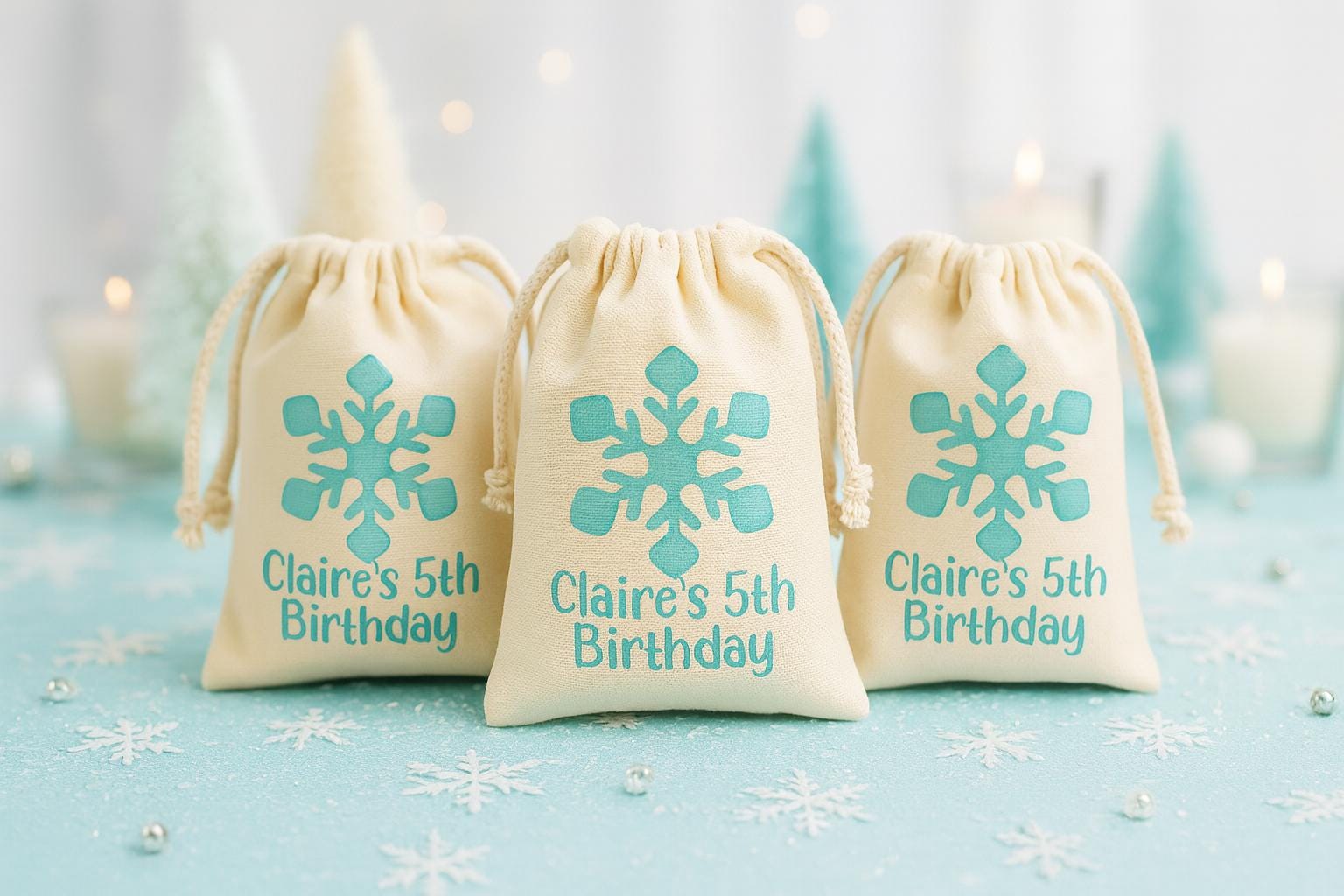 Personalized Snowflake Cotton Favor Bags, Winter Birthday Party