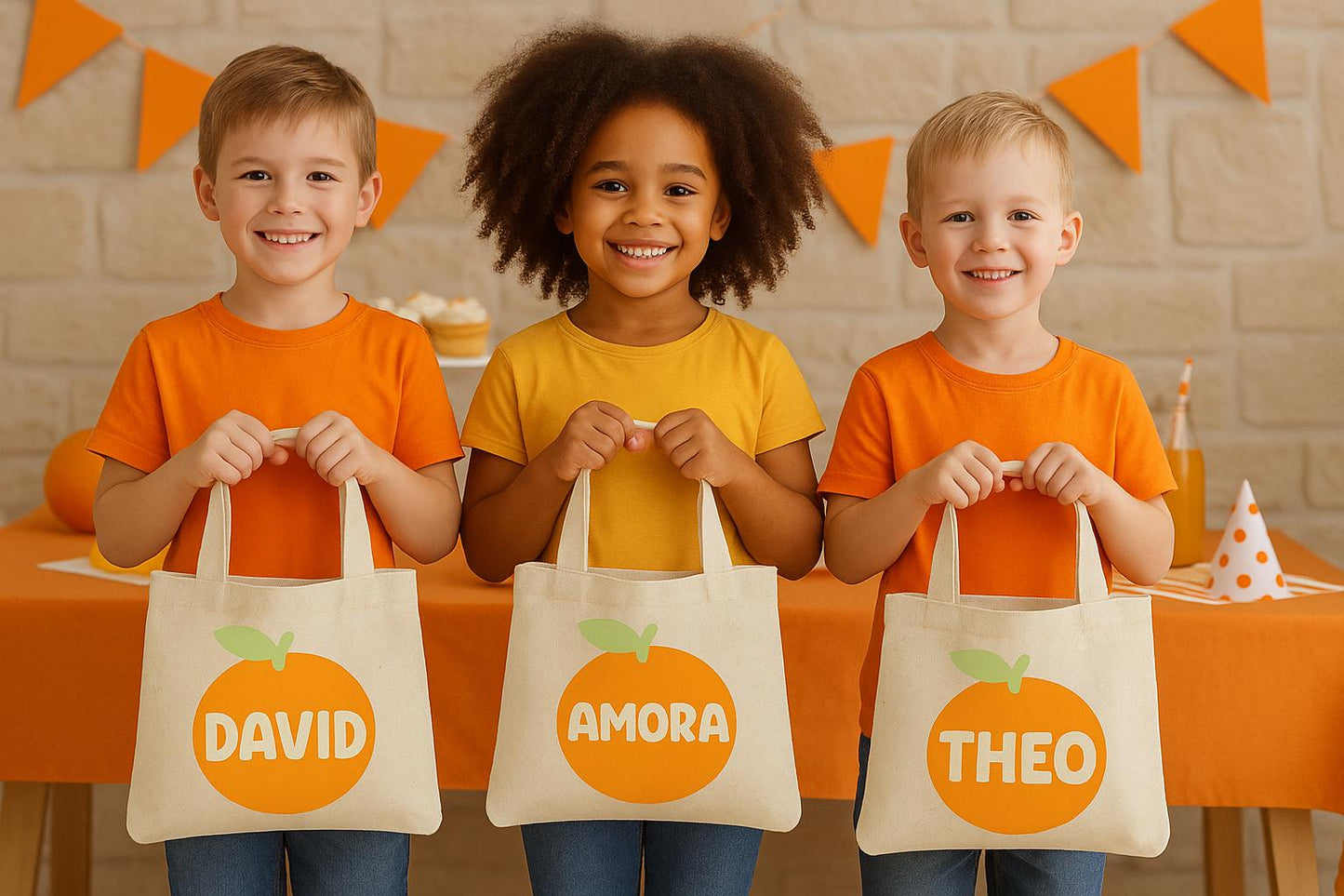 Orange Party Favor Bags - Set of 3, Cotton Treat Bags