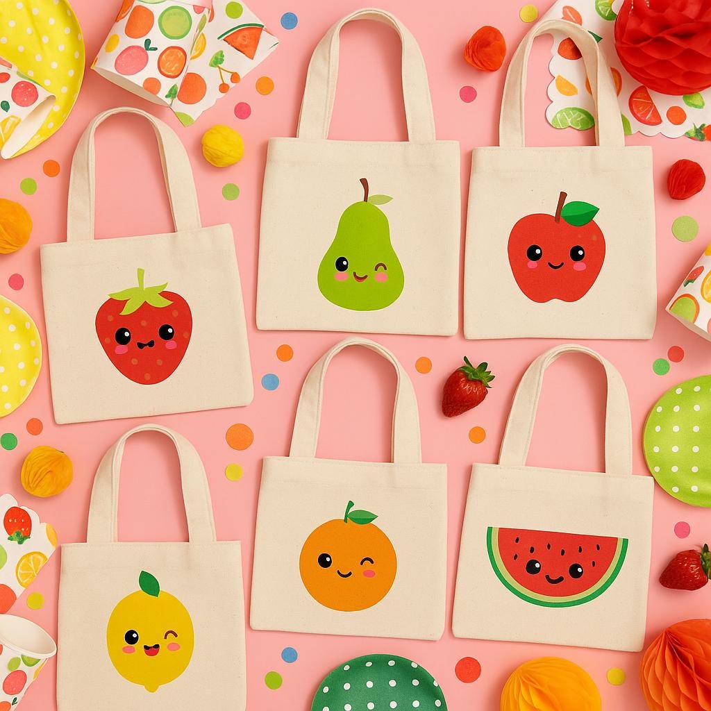 Fruit Party Favor Bags - Perfect for Fruit Themed Parties & Events - Set of Six Bags