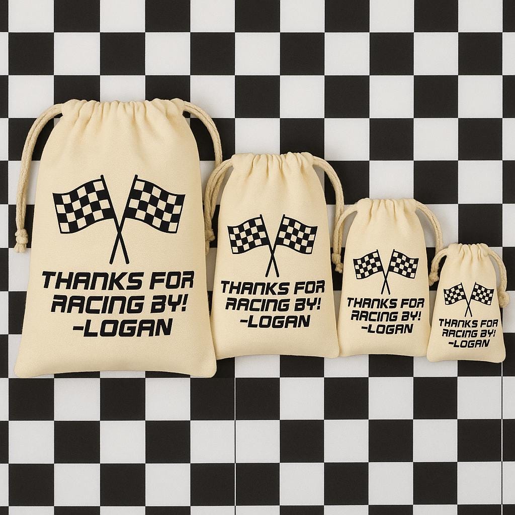 Personalized Checkered Flag Cotton Favor Bags – Race Car Party