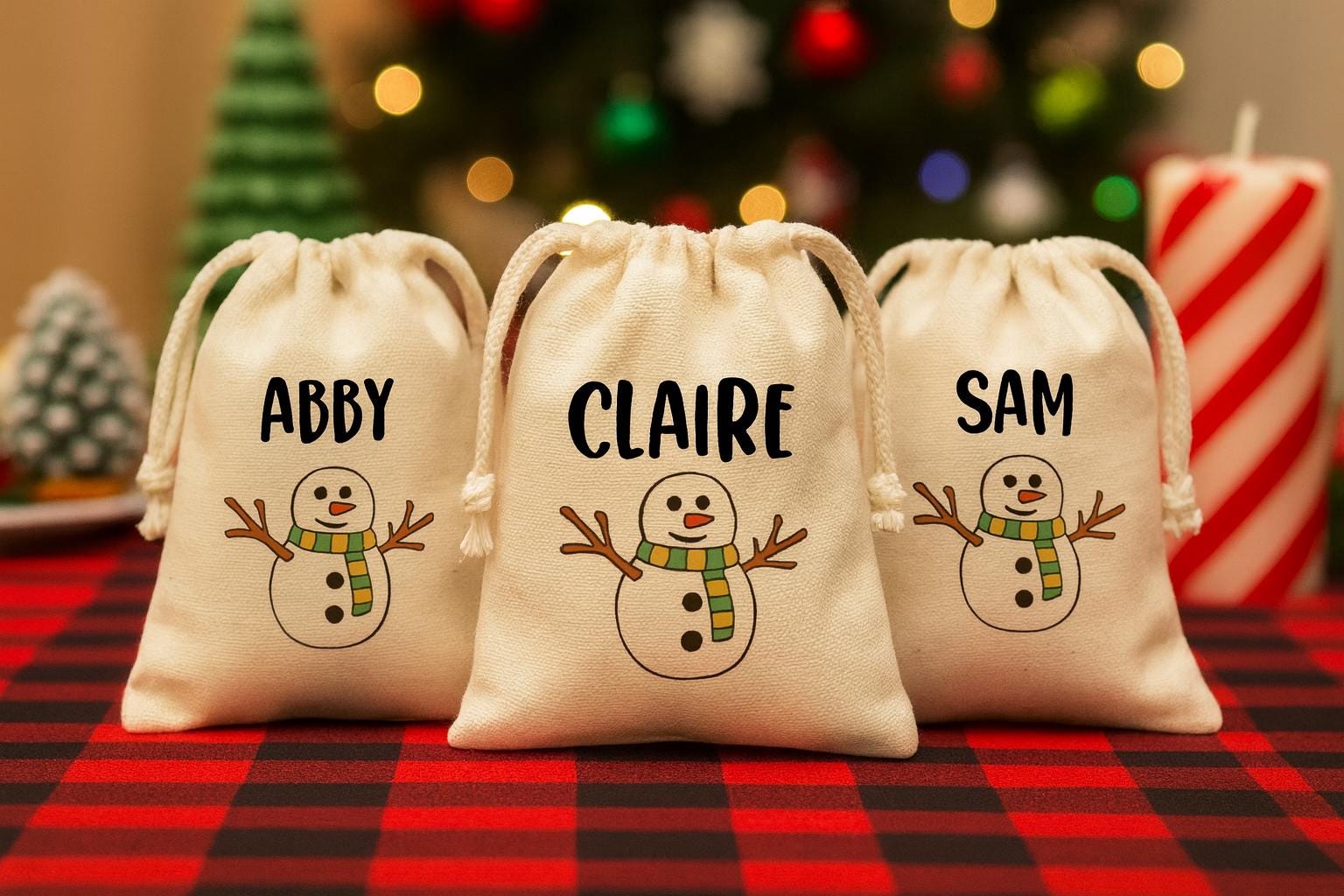 Custom Christmas Party Favor Bags - Perfect for Christmas Parties - Personalized with Guest's Names and Adorable Snowmen