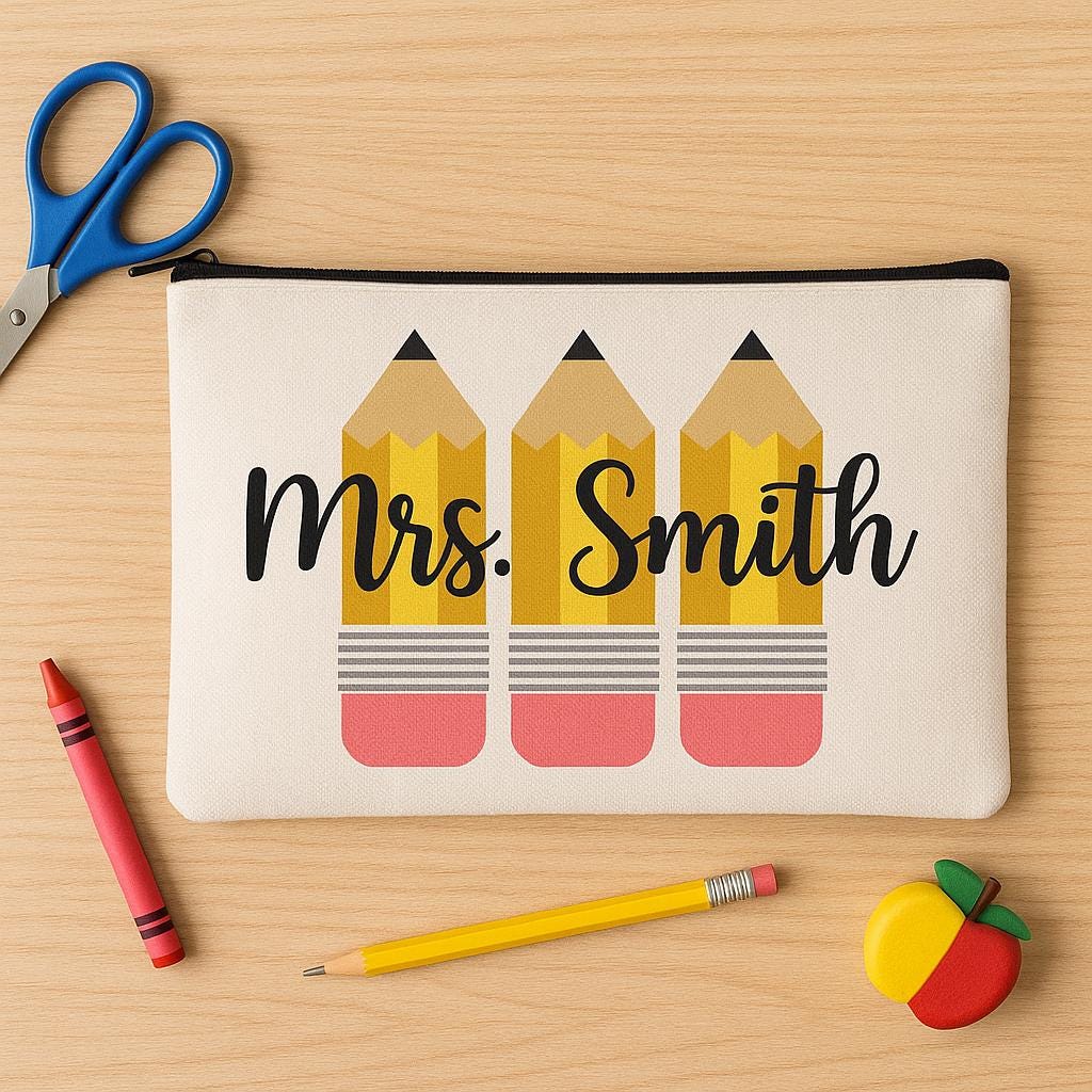 Personalized Teacher Pencil Pouch, Custom Zippered Canvas Case