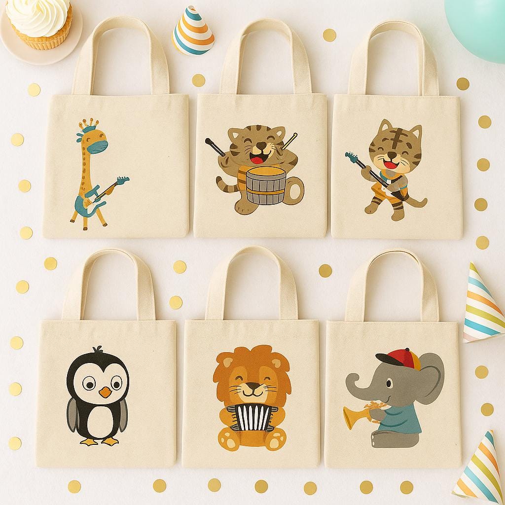 Music Party Favor Bags for Kids – Animal Band Gift Bags, Reusable Canvas Goody Bags, Birthday Party Favors, Music Theme Goodie Totes