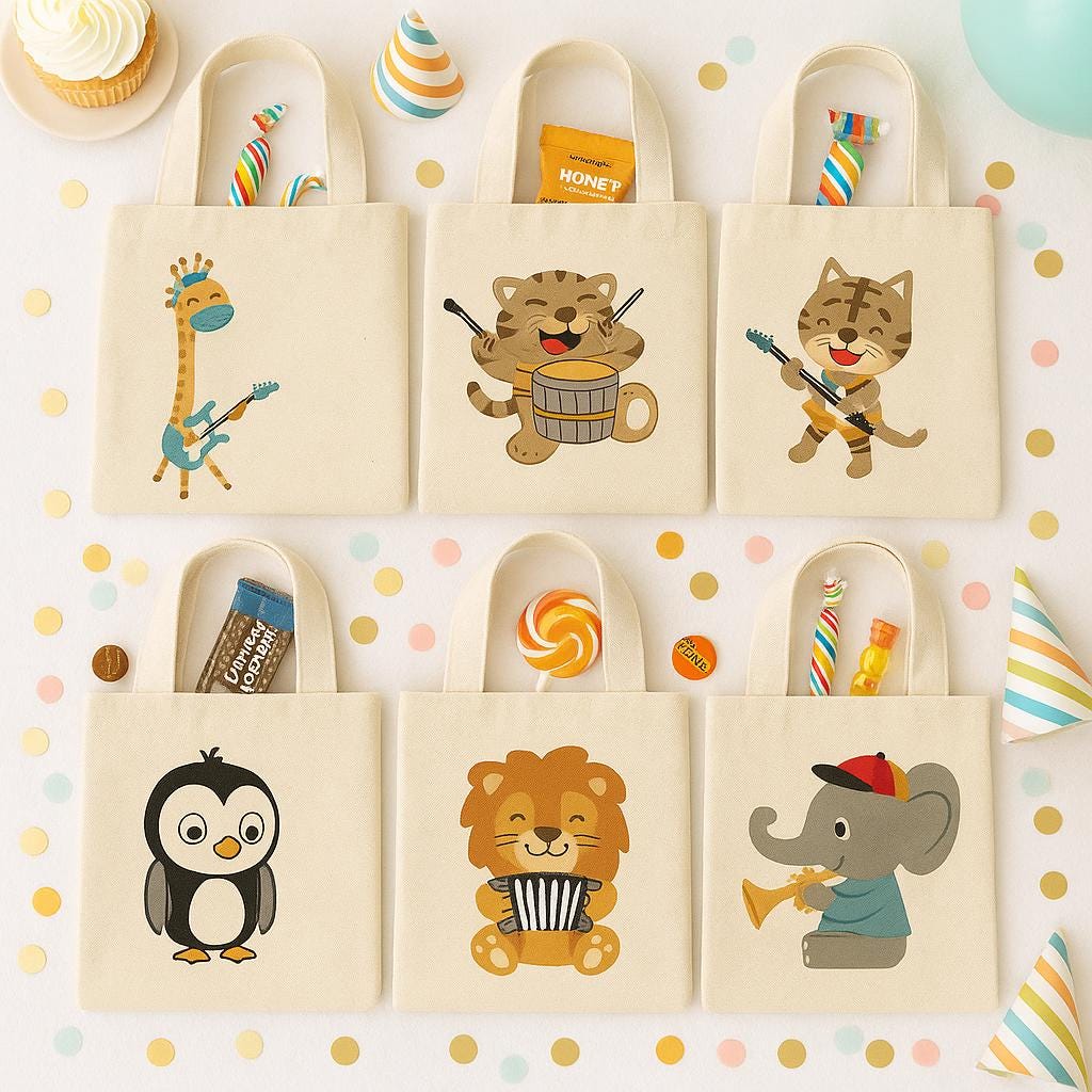 Music Party Favor Bags for Kids – Animal Band Gift Bags, Reusable Canvas Goody Bags, Birthday Party Favors, Music Theme Goodie Totes