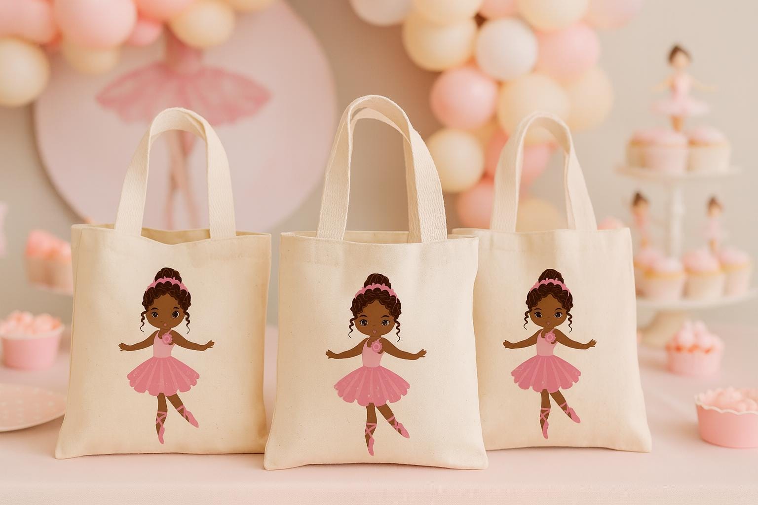 Ballerina Party Favor Bags – Pink Ballet Gift Bags for Girls Birthday, Dance Party Favors, Reusable Canvas Tote, Set of Three Bags