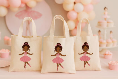 Ballerina Party Favor Bags – Pink Ballet Gift Bags for Girls Birthday, Dance Party Favors, Reusable Canvas Tote, Set of Three Bags