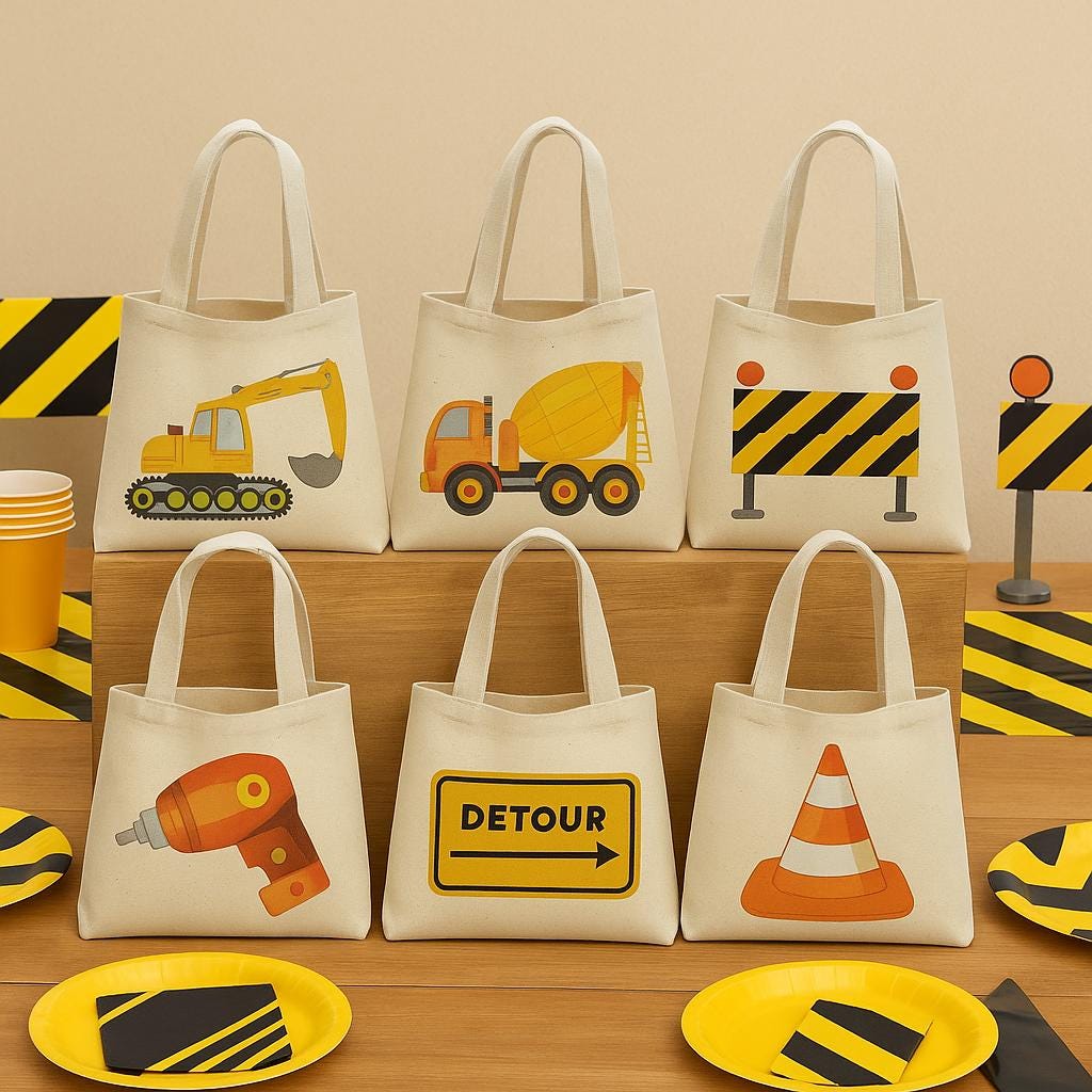 Construction Party Favor Bags – Truck Theme Canvas Goody Bags, Set of Six