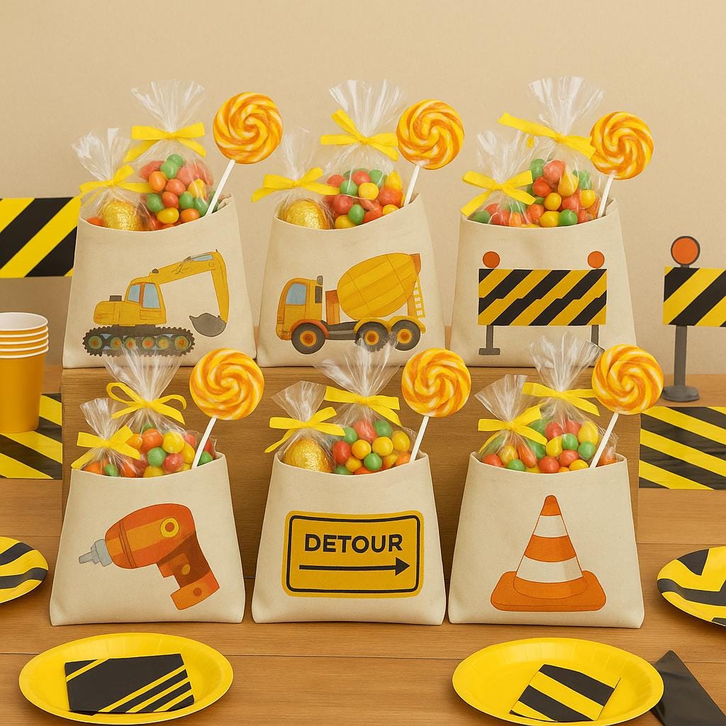 Construction Party Favor Bags – Truck Theme Canvas Goody Bags, Set of Six