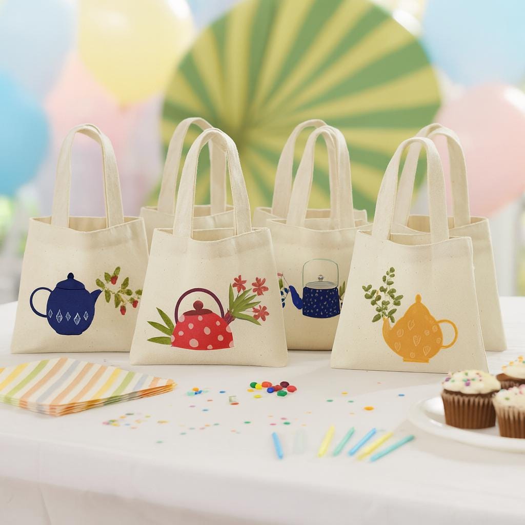 Tea Party Favor Bags - Cotton Teapot Mini Totes, Set of 6
