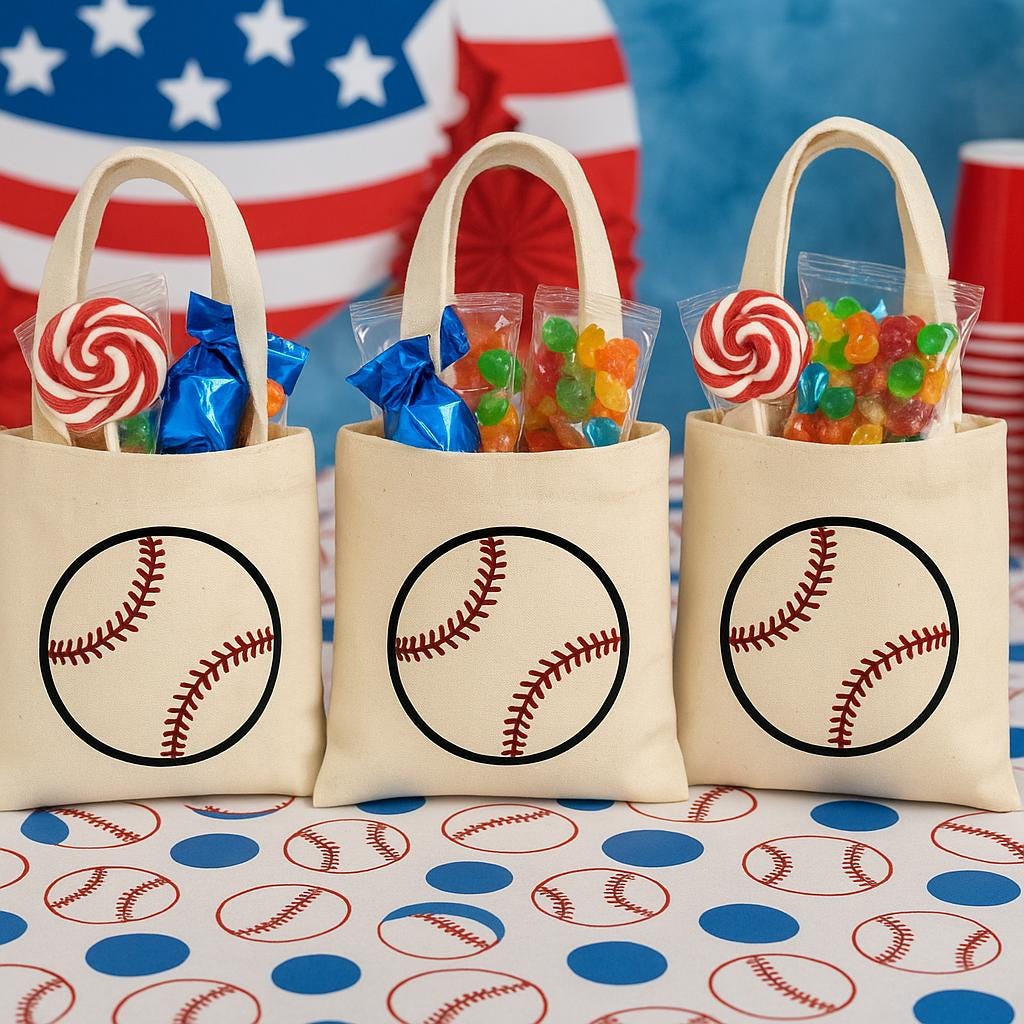 Baseball Party Favor Bags – Team Canvas Goodie Tote, Set of Three