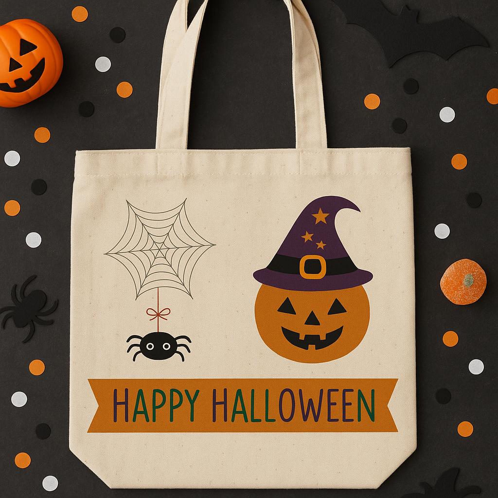 Pumpkin & Spider Canvas Trick or Treat Bag – Reusable Halloween Tote