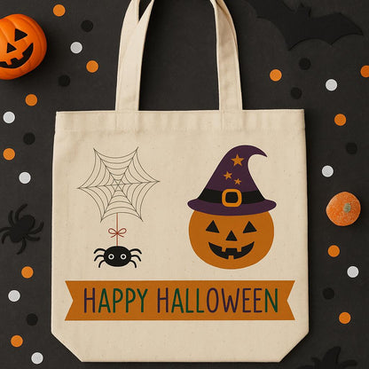 Pumpkin & Spider Canvas Trick or Treat Bag – Reusable Halloween Tote
