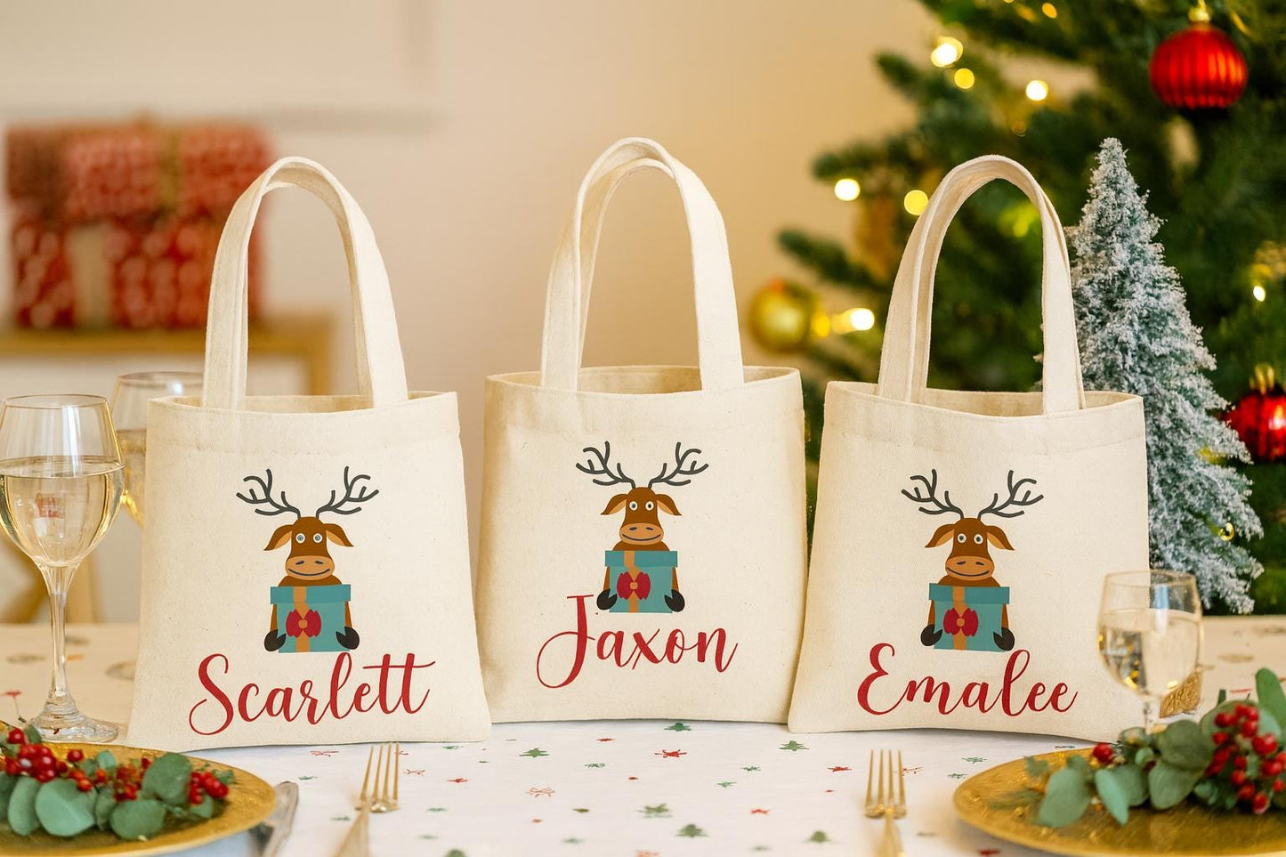 Personalized Christmas Reindeer Gift Bags – Custom Name Holiday Favor Tote, Kids Christmas Party Bags, Reusable Santa Treat Bag - Set of 3