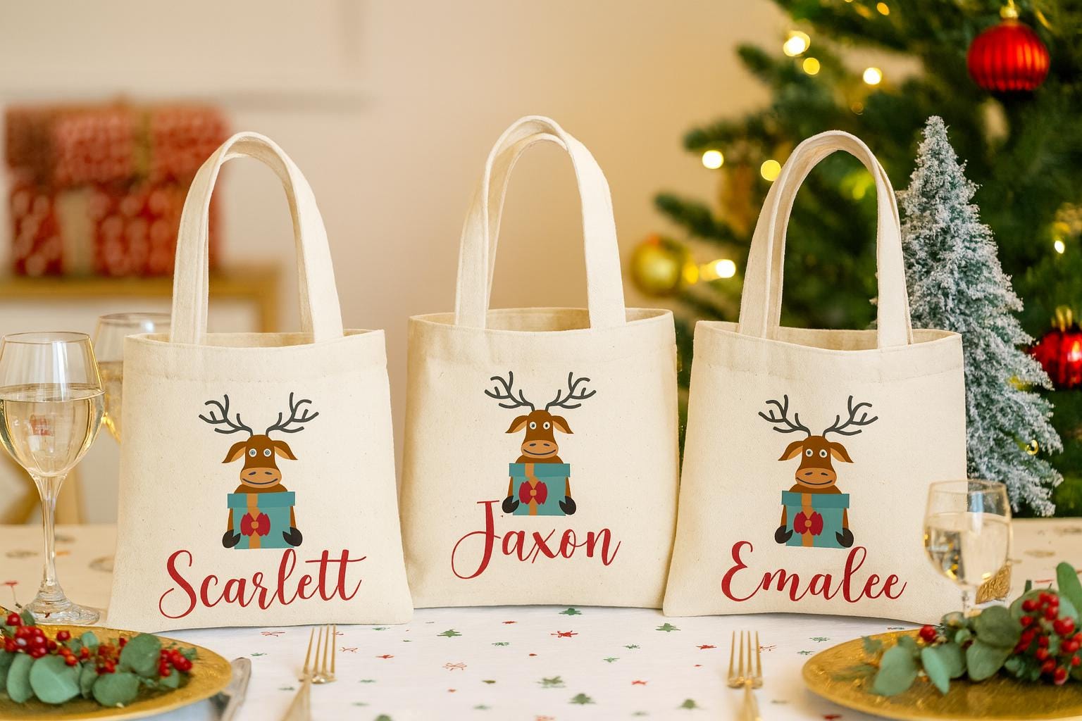 Personalized Christmas Reindeer Gift Bags – Custom Name Holiday Favor Tote, Kids Christmas Party Bags, Reusable Santa Treat Bag - Set of 3