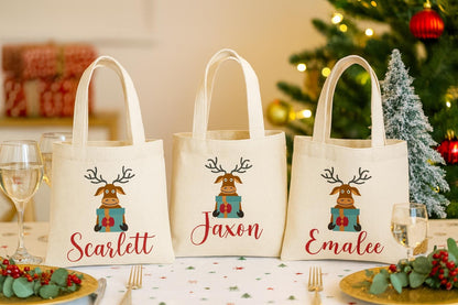 Personalized Christmas Reindeer Gift Bags – Custom Name Holiday Favor Tote, Kids Christmas Party Bags, Reusable Santa Treat Bag - Set of 3