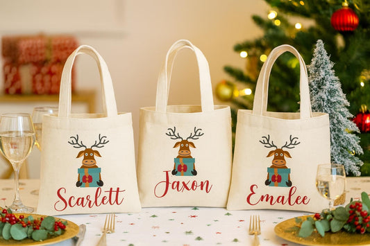 Personalized Christmas Reindeer Gift Bags – Custom Name Holiday Favor Tote, Kids Christmas Party Bags, Reusable Santa Treat Bag - Set of 3