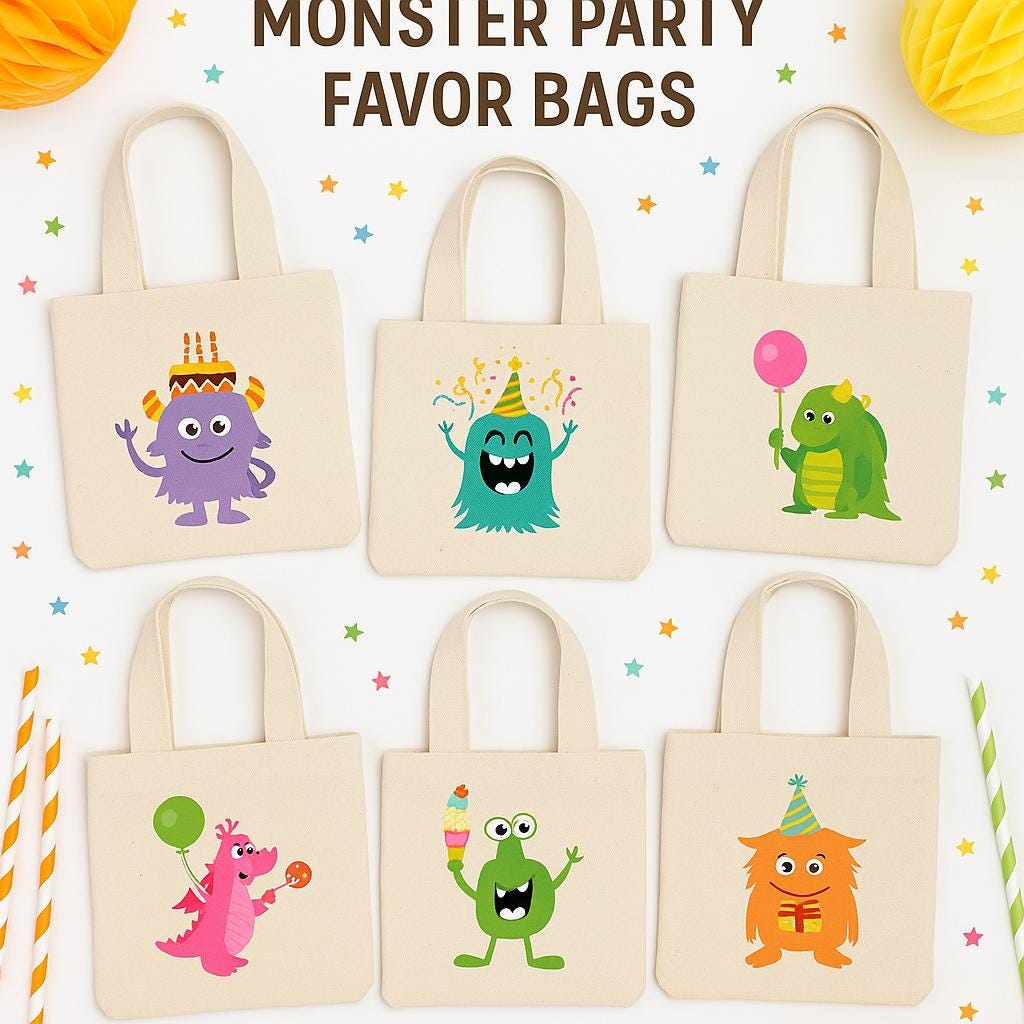 Monster Party Favor Bags - Set of 6 Cotton Goodie Bags