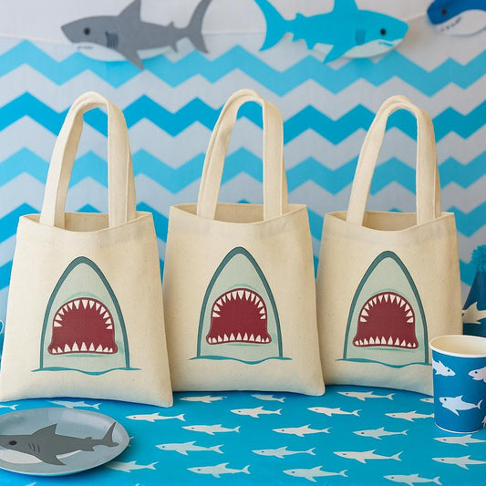 Shark Party Favor Bags - Cotton Canvas Goodie Bags, Set of 3