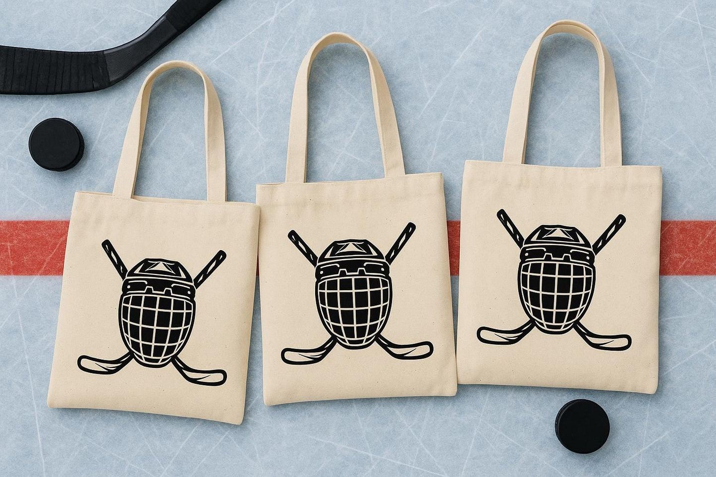 Hockey Party Favor Bags - Goalie Mask Canvas Goodie Bag, Set of 3