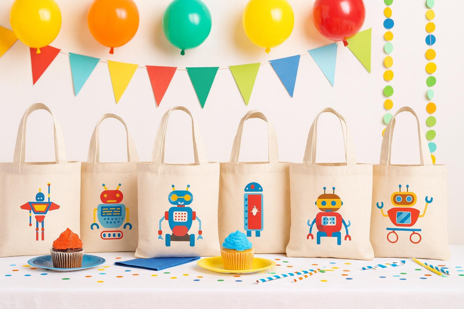 Robot Party Favor Bags - Set of 6 Cotton Canvas Goodie Bags