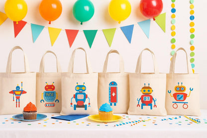 Robot Party Favor Bags - Set of 6 Cotton Canvas Goodie Bags