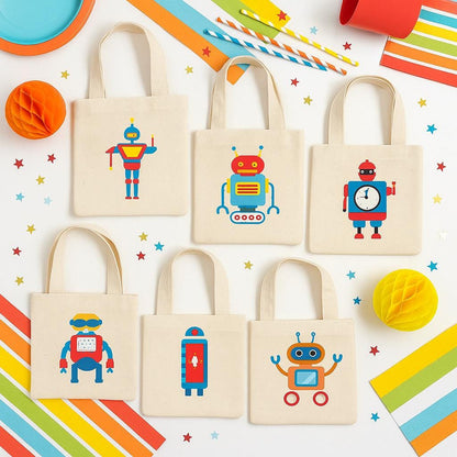 Robot Party Favor Bags - Set of 6 Cotton Canvas Goodie Bags