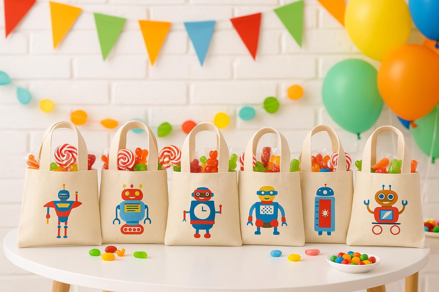 Robot Party Favor Bags - Set of 6 Cotton Canvas Goodie Bags