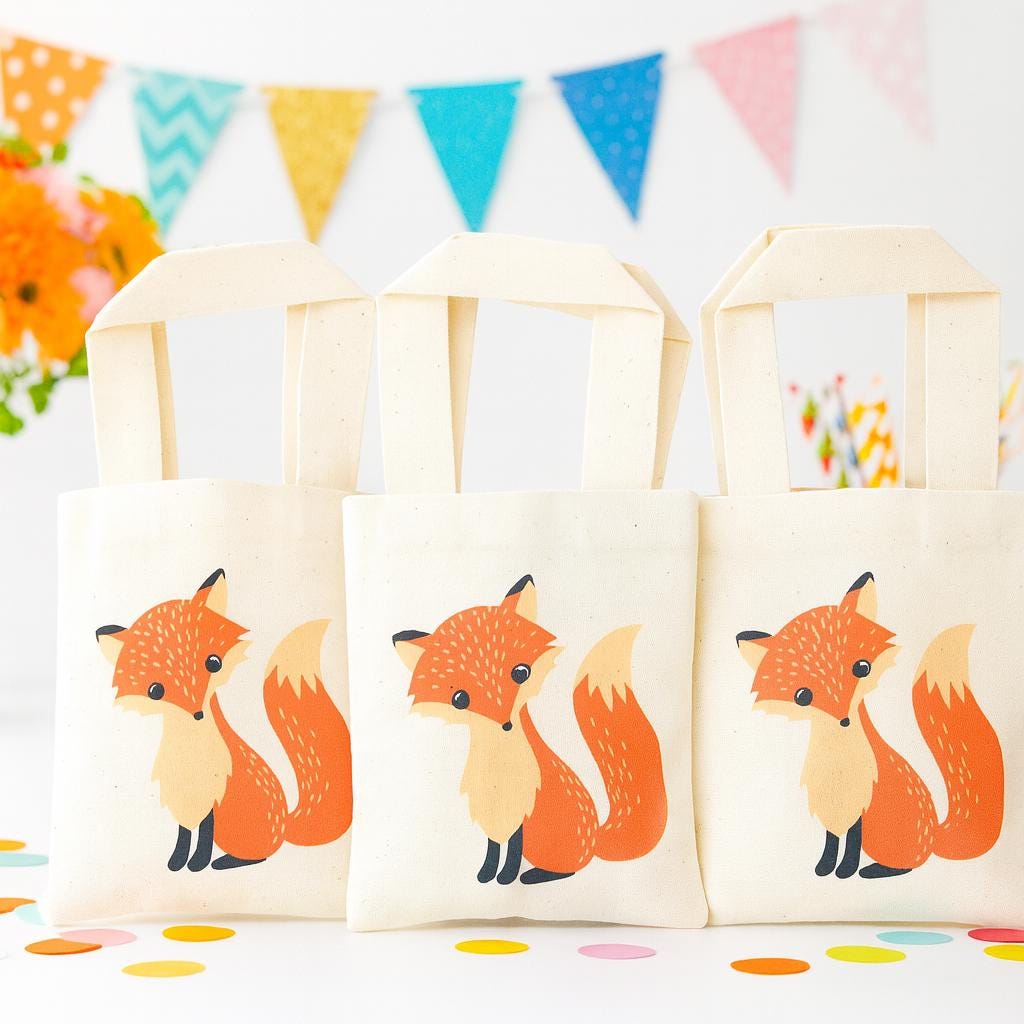 Fox Party Favor Bags - Woodland Birthday Cotton Goodie Bags - Set of 3