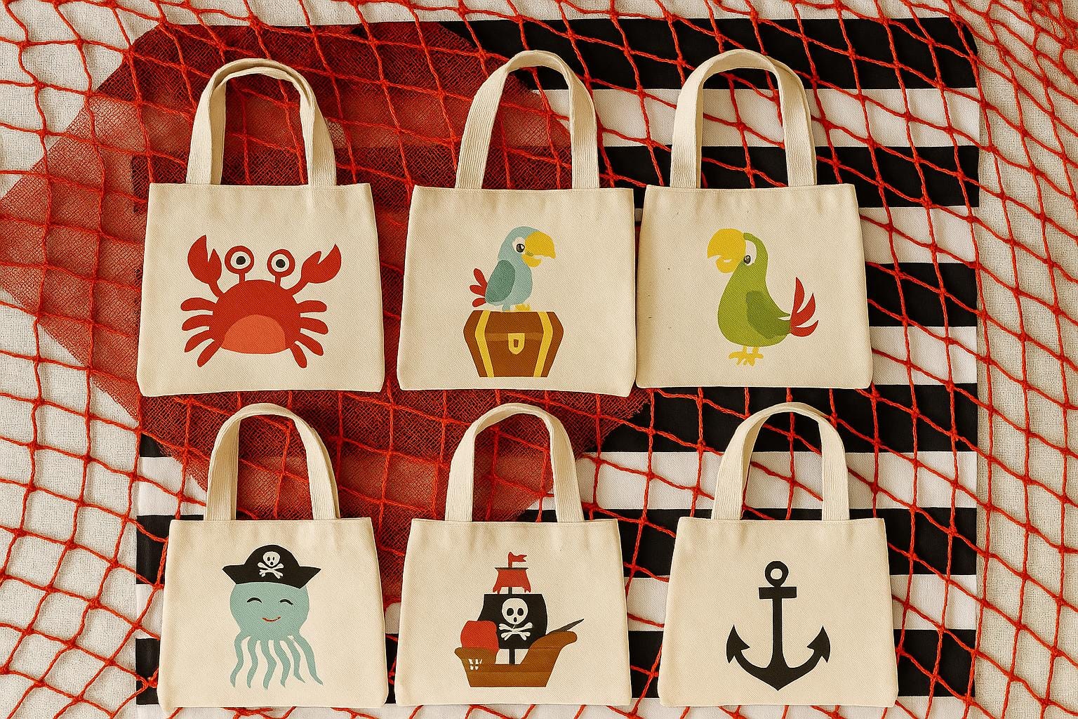 Pirate Party Favor Bags, Cotton Goodie Bags, Set of 6