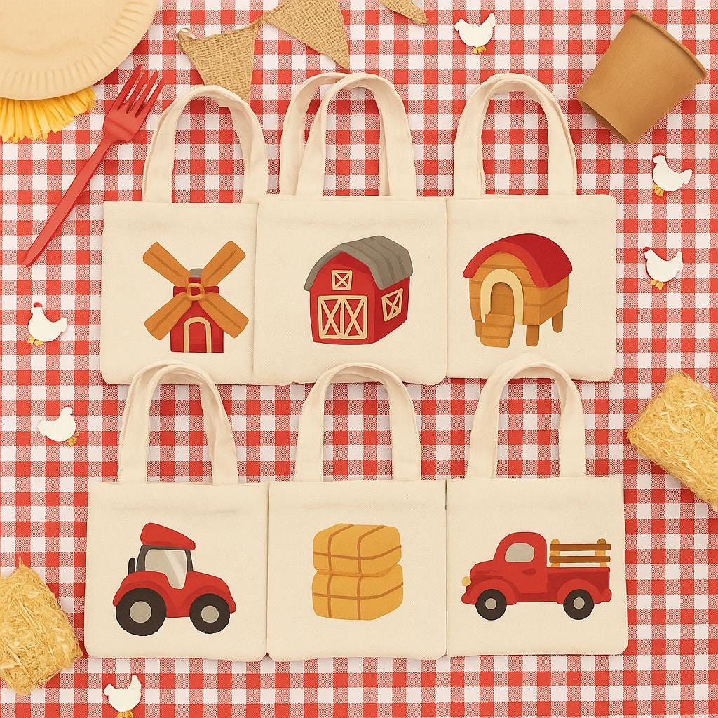 Farm Party Favor Bags – Rustic Cotton Barnyard Treat Bags (Set of 6)