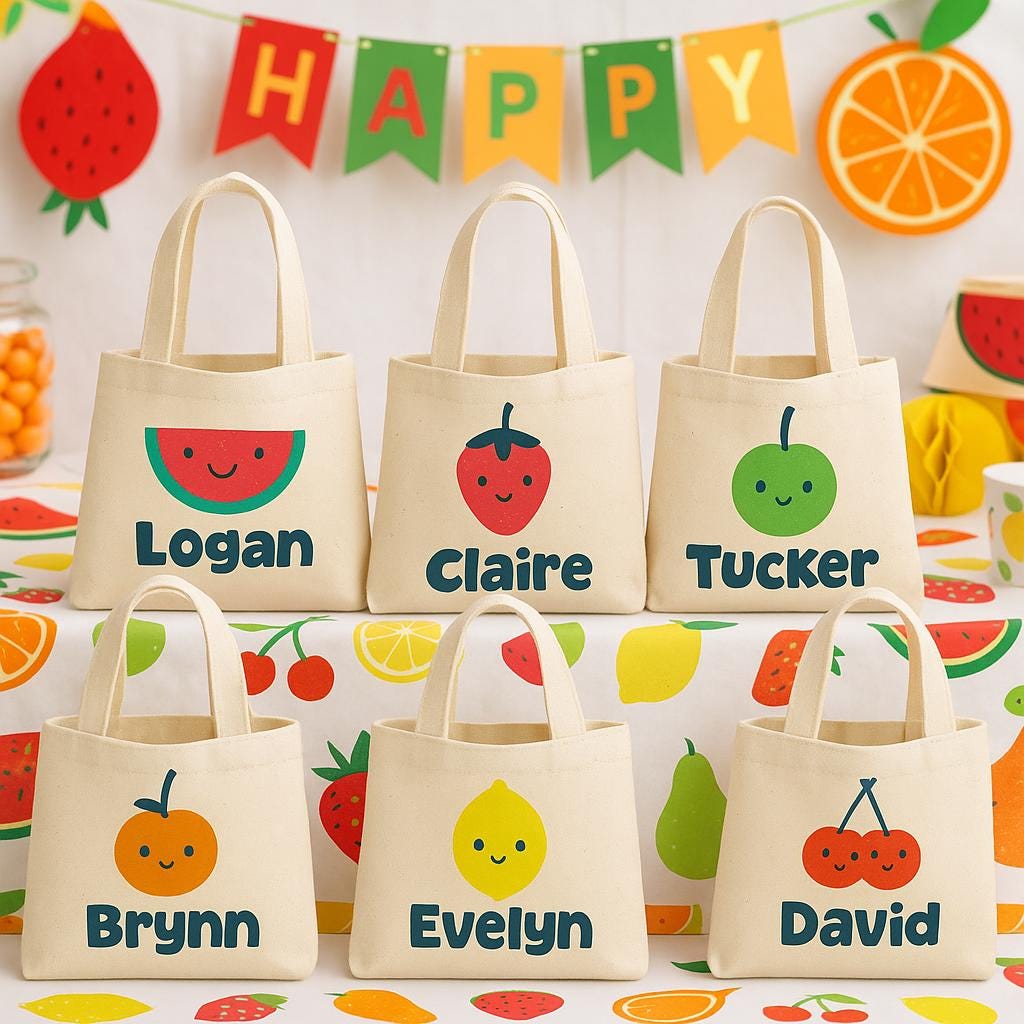 Custom Fruit Party Favor Bags - Featuring Guest's Names - Set of Six Bags - Perfect for Fruit Themed Parties and Events!