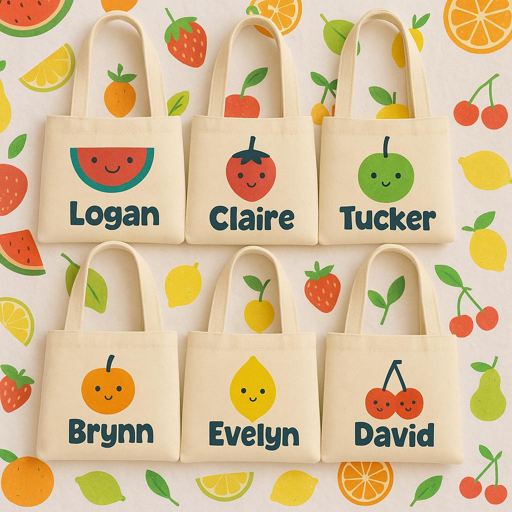 Custom Fruit Party Favor Bags - Featuring Guest's Names - Set of Six Bags - Perfect for Fruit Themed Parties and Events!