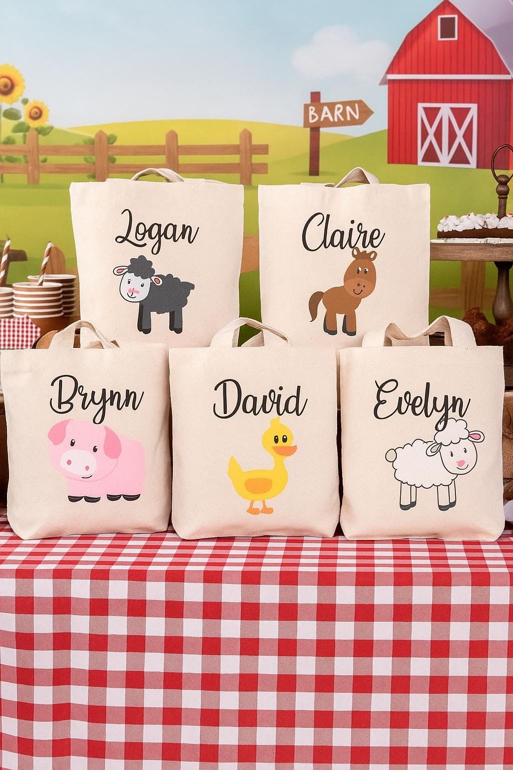 Personalized Farm Animal Cotton Favor Bags – Set of 6