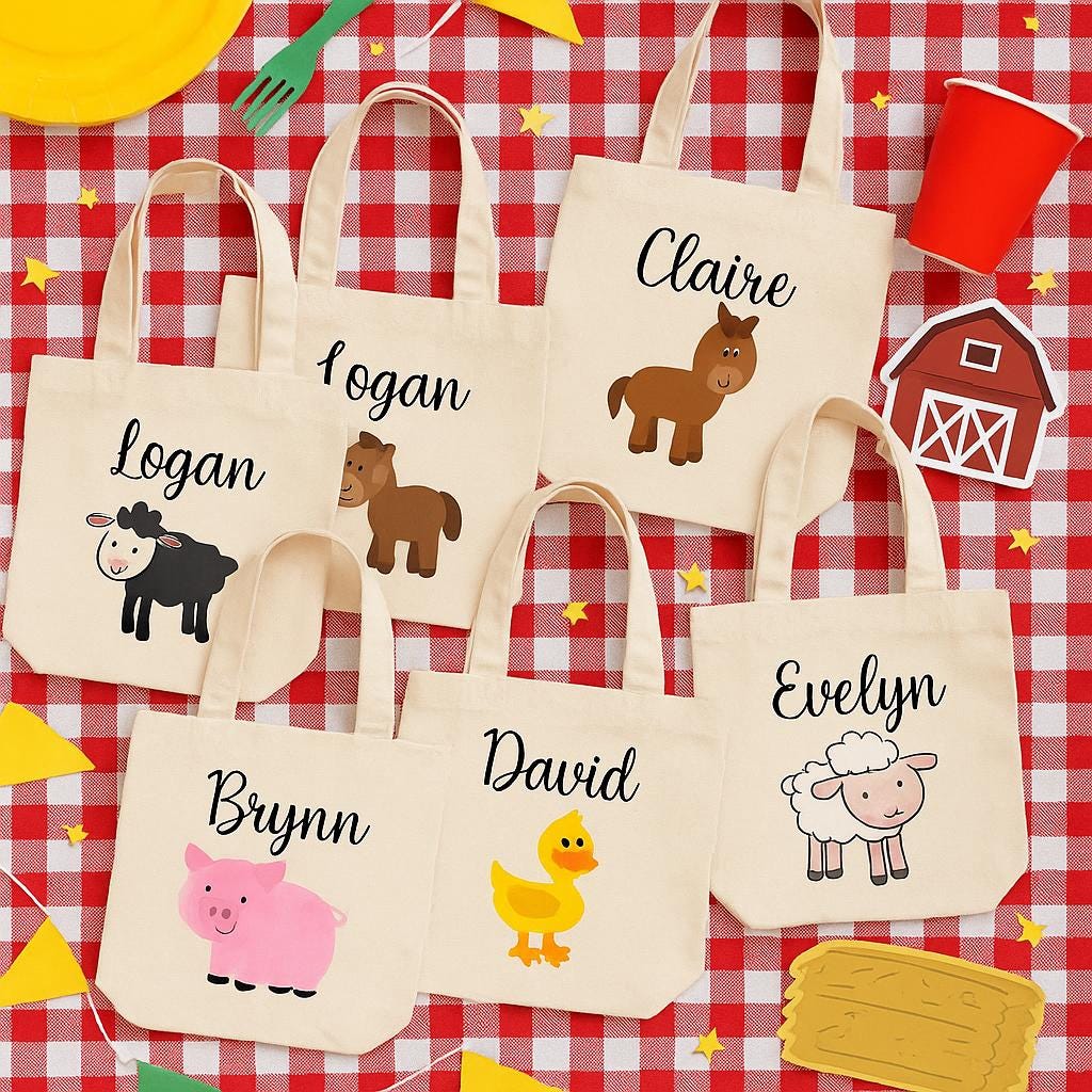 Personalized Farm Animal Cotton Favor Bags – Set of 6