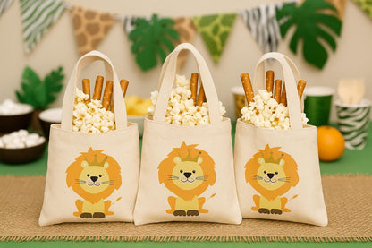Lion Party Favor Bags – Safari Jungle Cotton Canvas Goodie Bags, Set of Three
