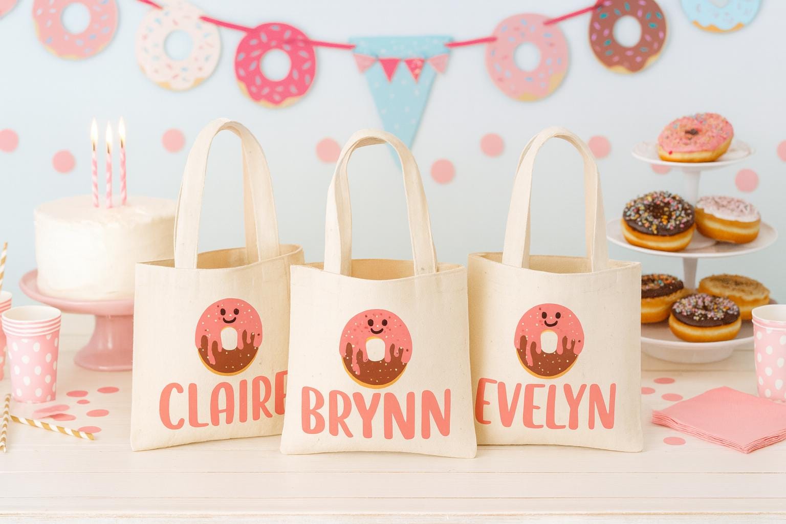 Custom Donut Party Favor Bags - Perfect for Donut Themed Parties and Events! Set of Three Personalized Donut Treat Bags with Guest Names