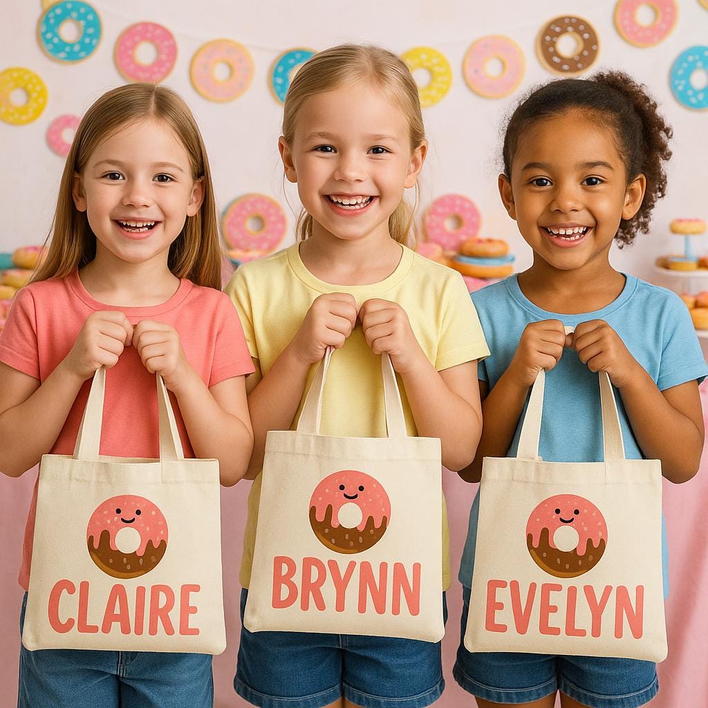 Custom Donut Party Favor Bags - Perfect for Donut Themed Parties and Events! Set of Three Personalized Donut Treat Bags with Guest Names