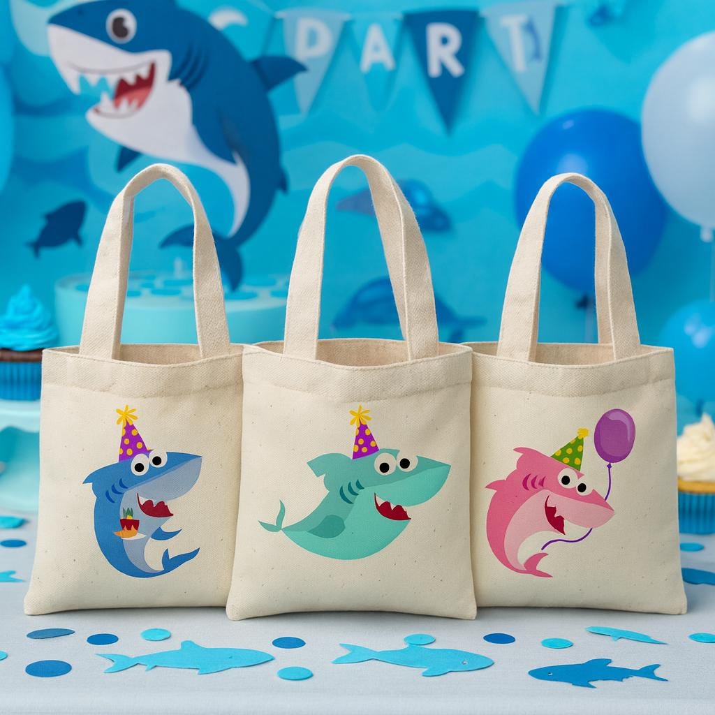 Shark Party Favor Bags - Set of 3, Colorful Shark Theme