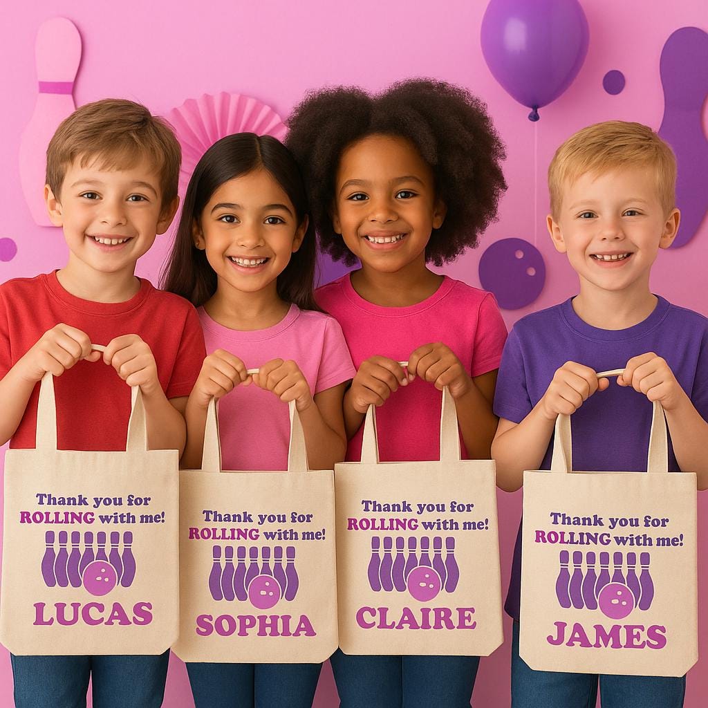 Personalized Bowling Party Favor Bag – Pink & Purple Cotton Tote