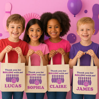 Personalized Bowling Party Favor Bag – Pink & Purple Cotton Tote